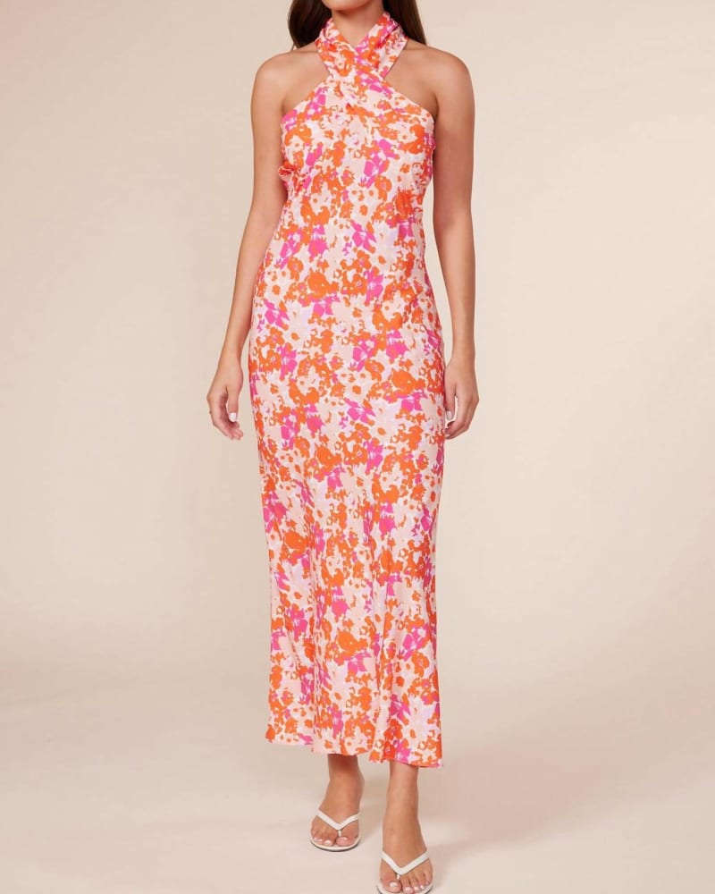Front of a model wearing a size L Kauai Halter Dress In Pink Orange in Pink Orange by Lucy Paris. | dia_product_style_image_id:346632